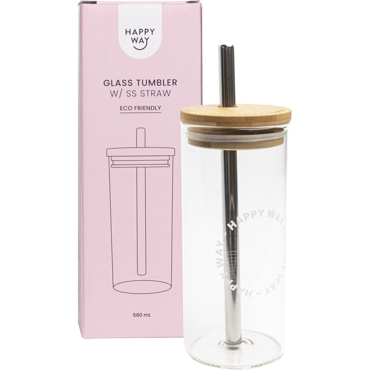 Clear 580ml glass tumbler with a silicone sleeve, bamboo lid, and stainless steel straw next to its packaging.