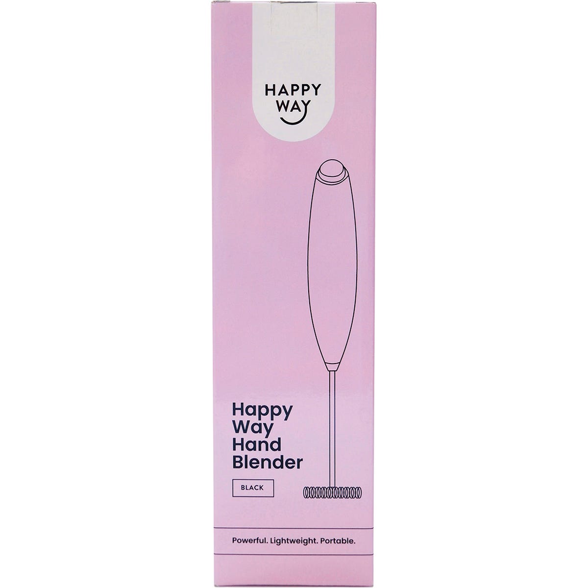 Black Happy Way hand blender retail box featuring a minimalist black and white design on a white background.