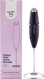 Black Happy Way hand blender and matching storage stand against a white background.