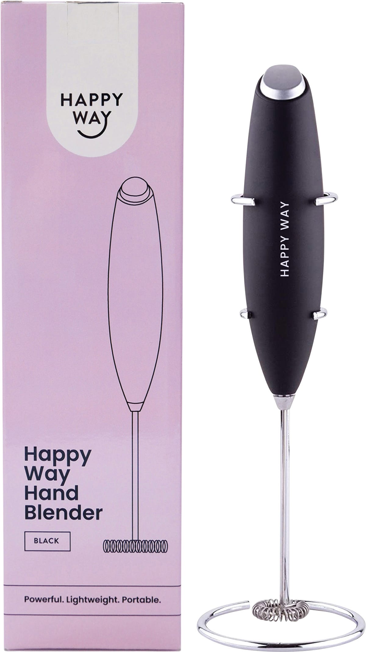 Black Happy Way hand blender and matching storage stand against a white background.