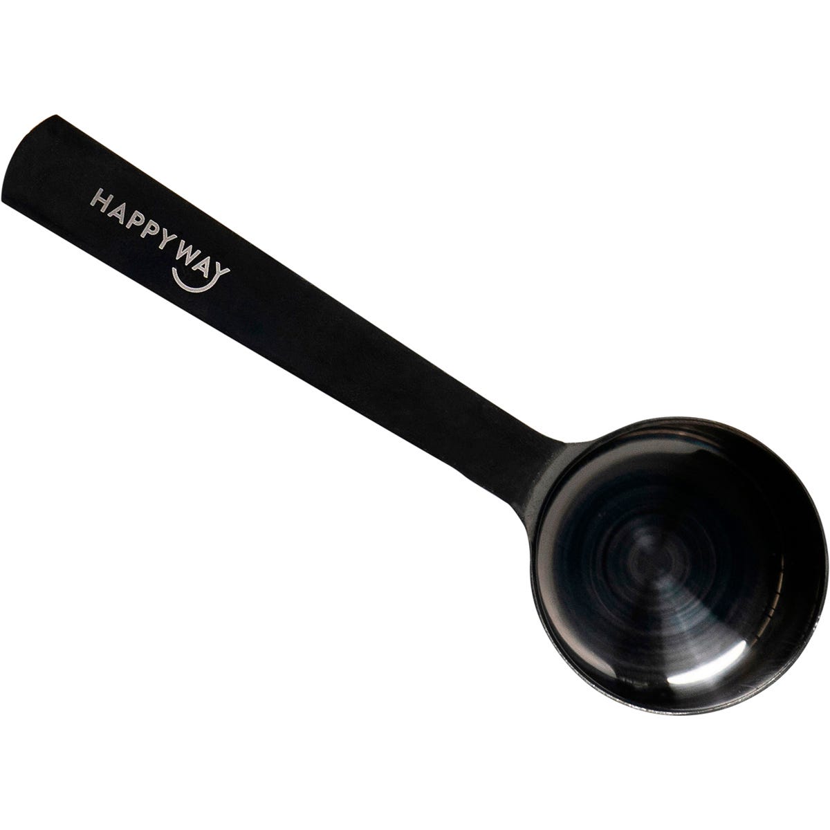 Happy Way Pro stainless steel protein scoop with a long ergonomic handle on a white background.