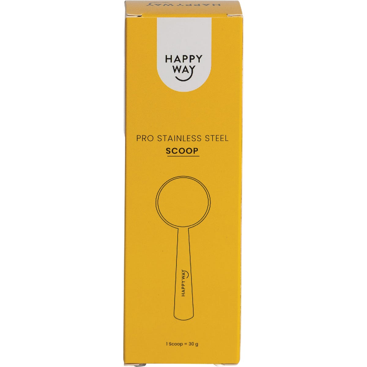 Happy Way Pro stainless steel scoop retail box with eco-friendly design on a white background.
