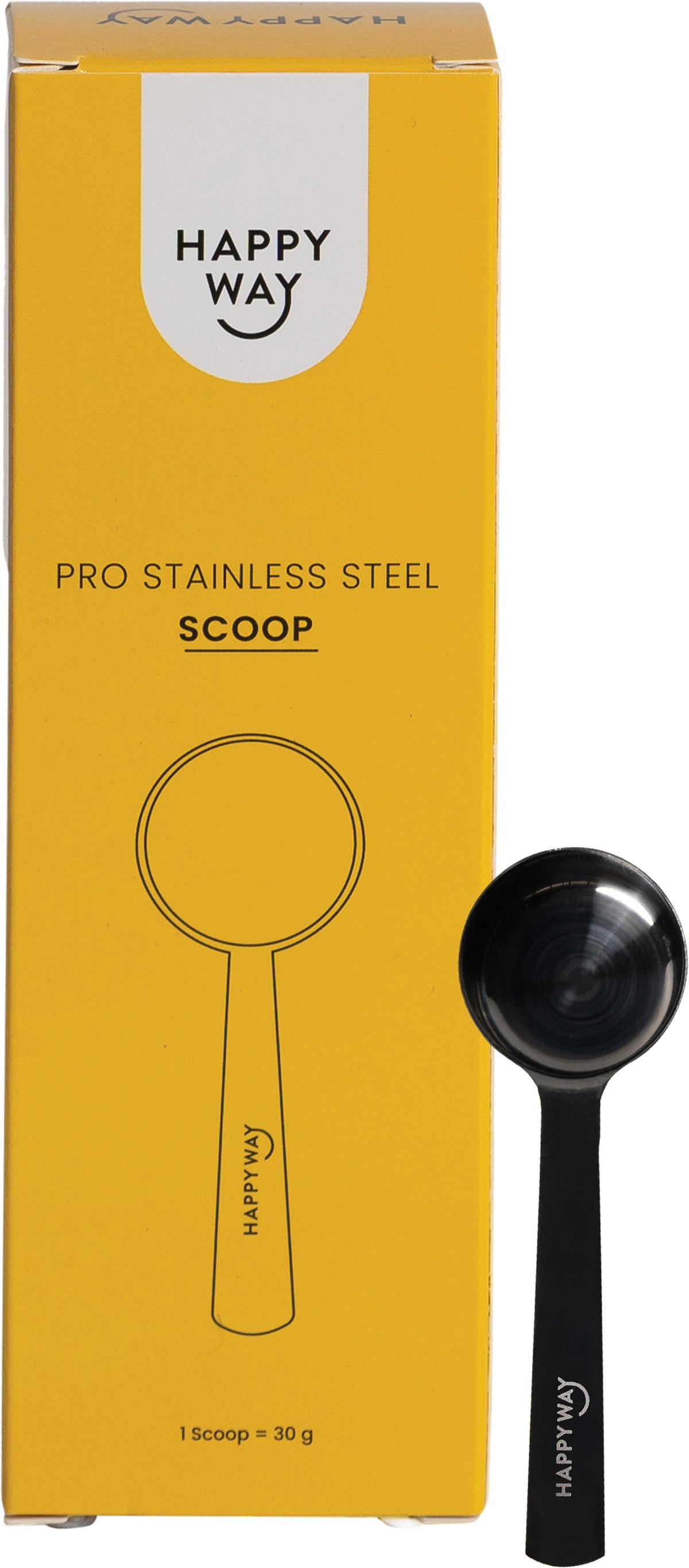 Happy Way Pro stainless steel scoop shown with its eco-friendly cardboard packaging on a white background.