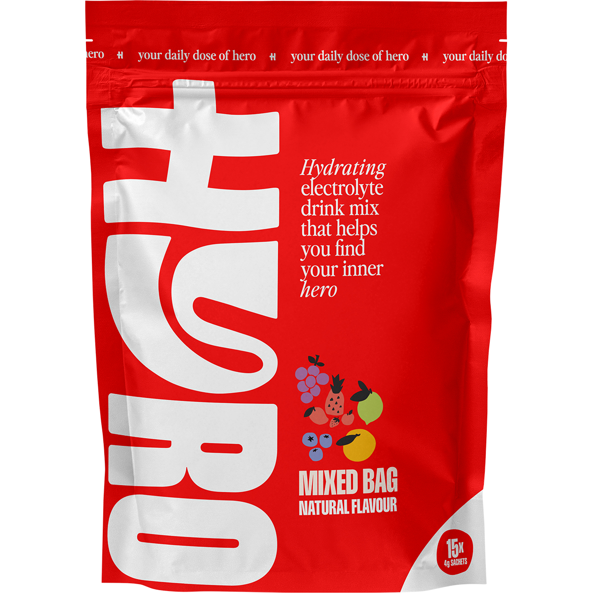 Hyro Electrolyte Sachets Mixed Bag in a 15-pack box featuring assorted fruit flavors on a white background.