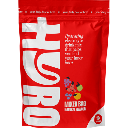 Hyro Electrolyte Sachets Mixed Bag in a 15-pack box featuring assorted fruit flavors on a white background.