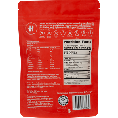 Back of Hyro Electrolyte Mixed Bag box showing ingredients, nutrition facts, and HASTA certification on white.