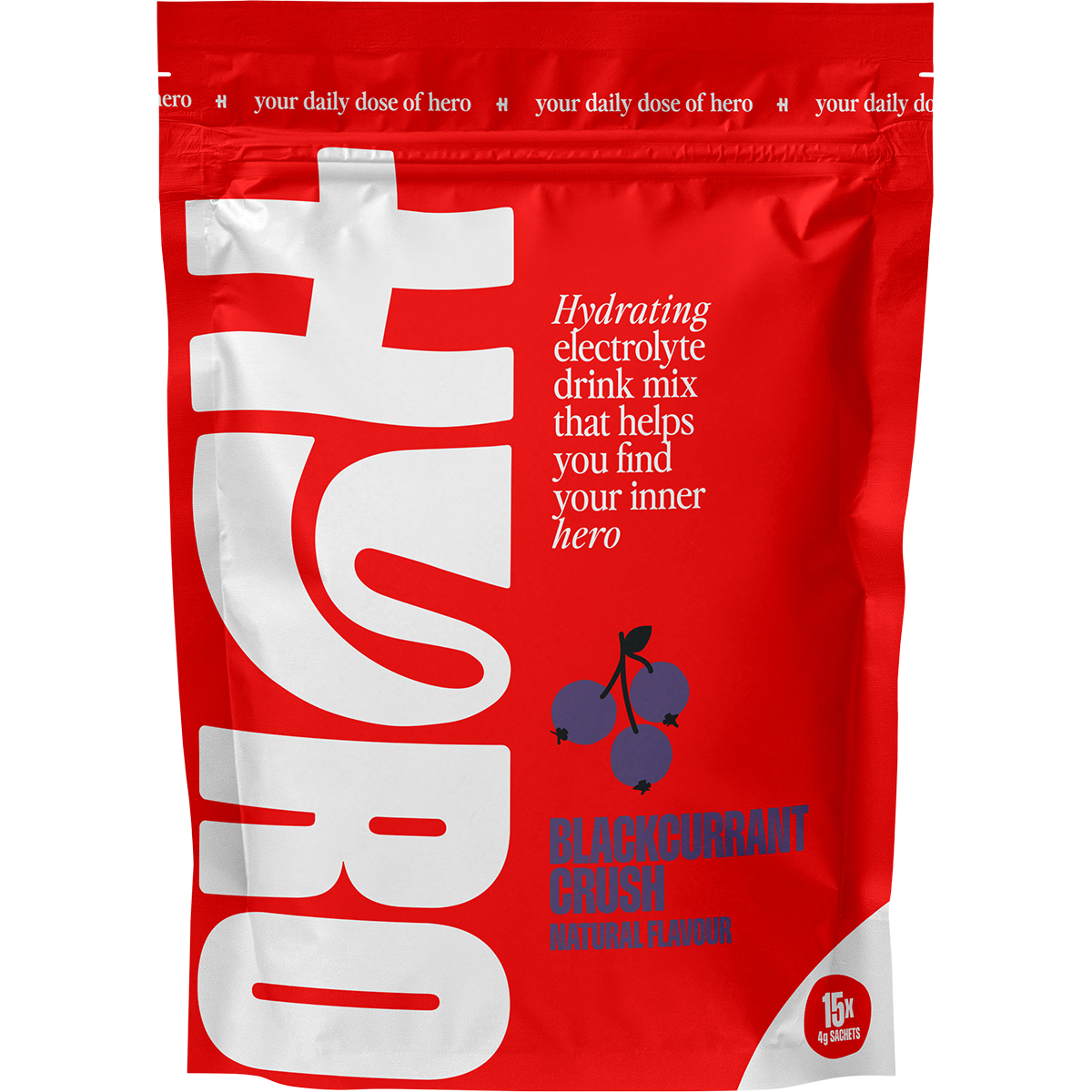 A 15-pack of Hyro Blackcurrant Crush electrolyte sachets in a white and purple bag.