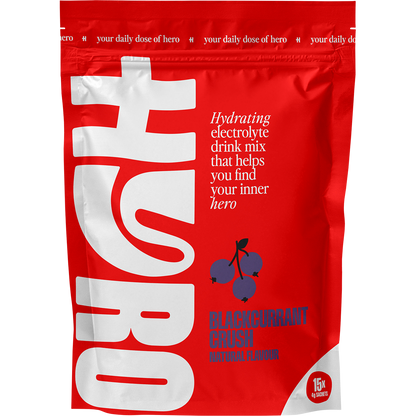 A 15-pack of Hyro Blackcurrant Crush electrolyte sachets in a white and purple bag.