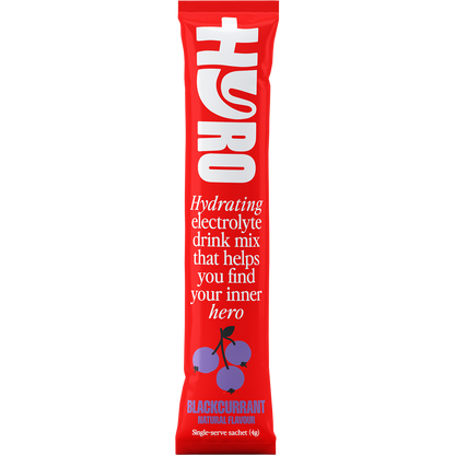 A single purple and white Hyro Blackcurrant Crush electrolyte sachet featuring a "HASTA Certified" logo on a white background.
