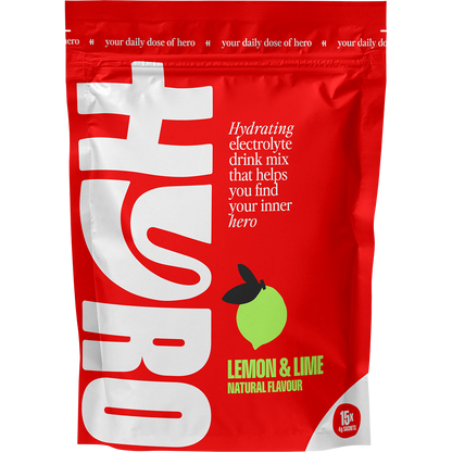 White and green box of Hyro Lemon Lime Electrolyte Sachets with a lemon and lime illustration.