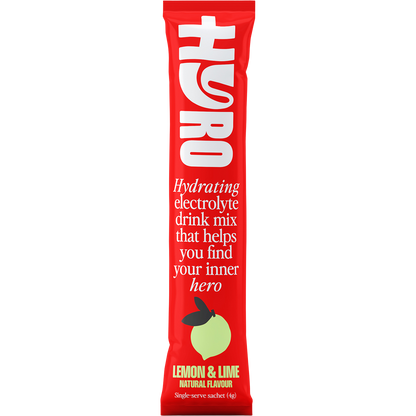 Single green and white Hyro Lemon Lime electrolyte sachet with HASTA Certified logo on a white background.
