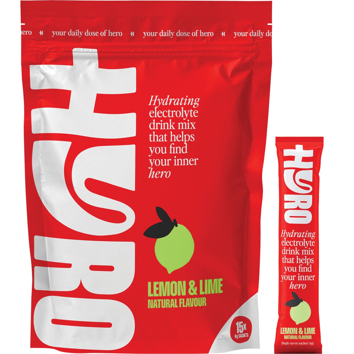 Hyro Lemon Lime Electrolyte box next to a prepared glass of citrus drink, a sachet, and fresh lemon and lime slices.