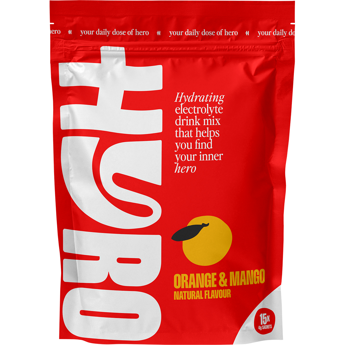 Orange Mango Hyro Electrolyte 15-pack box featuring tropical fruit illustrations and HASTA certified logo.