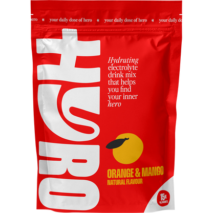 Orange Mango Hyro Electrolyte 15-pack box featuring tropical fruit illustrations and HASTA certified logo.