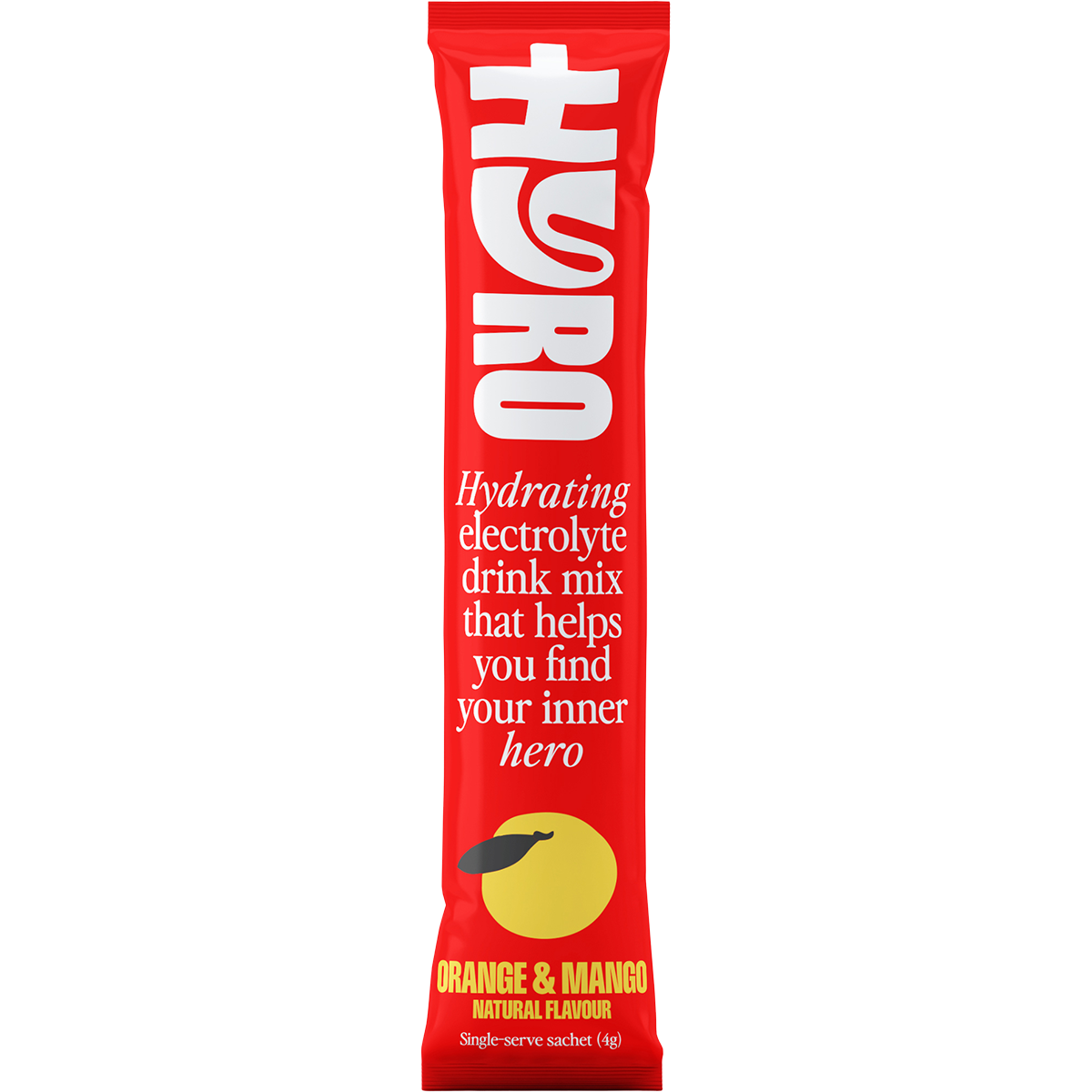 Single orange and white Hyro Orange Mango electrolyte sachet with HASTA Certified logo on a white background.