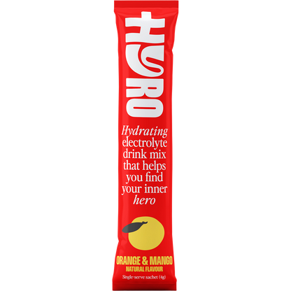 Single orange and white Hyro Orange Mango electrolyte sachet with HASTA Certified logo on a white background.