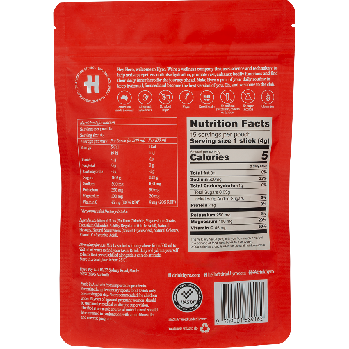 Back of Orange Mango Hyro Electrolyte box showing ingredients, HASTA certification, and nutritional information.