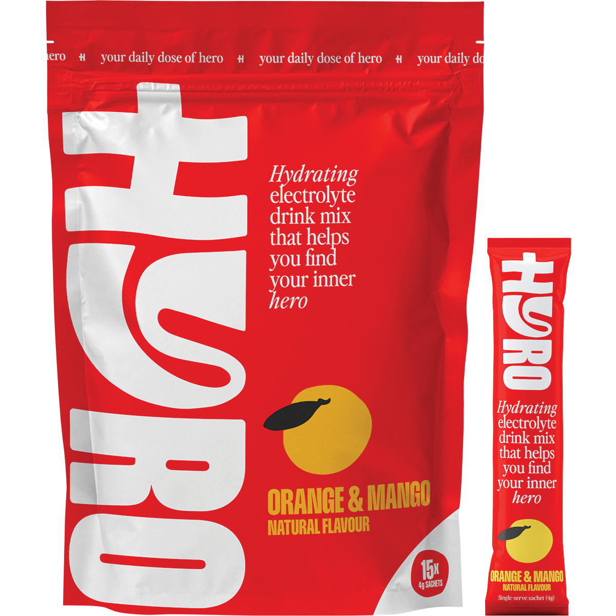 Orange Mango Hyro Electrolyte box, 15 individual sachets, and a glass of prepared drink with orange and mango slices.