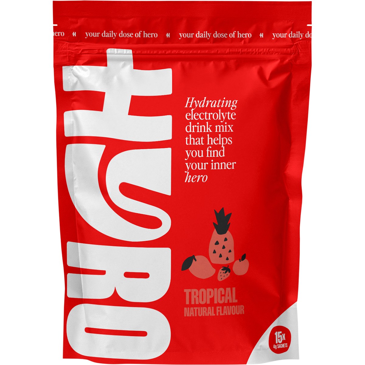 Box of Hyro Tropical Electrolyte Sachets with 15 single-serve sticks featuring a vibrant orange and yellow label.