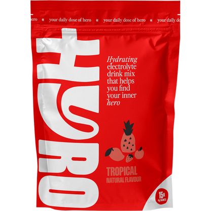 Box of Hyro Tropical Electrolyte Sachets with 15 single-serve sticks featuring a vibrant orange and yellow label.