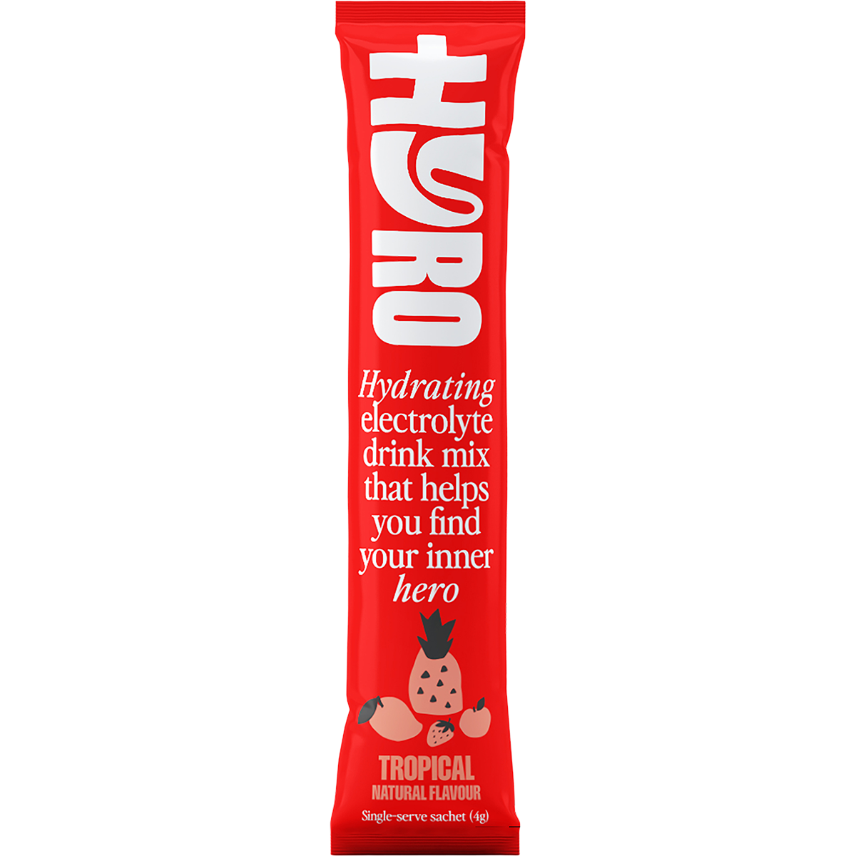 Single orange and white Hyro Tropical electrolyte sachet featuring a HASTA Certified logo on a white background.
