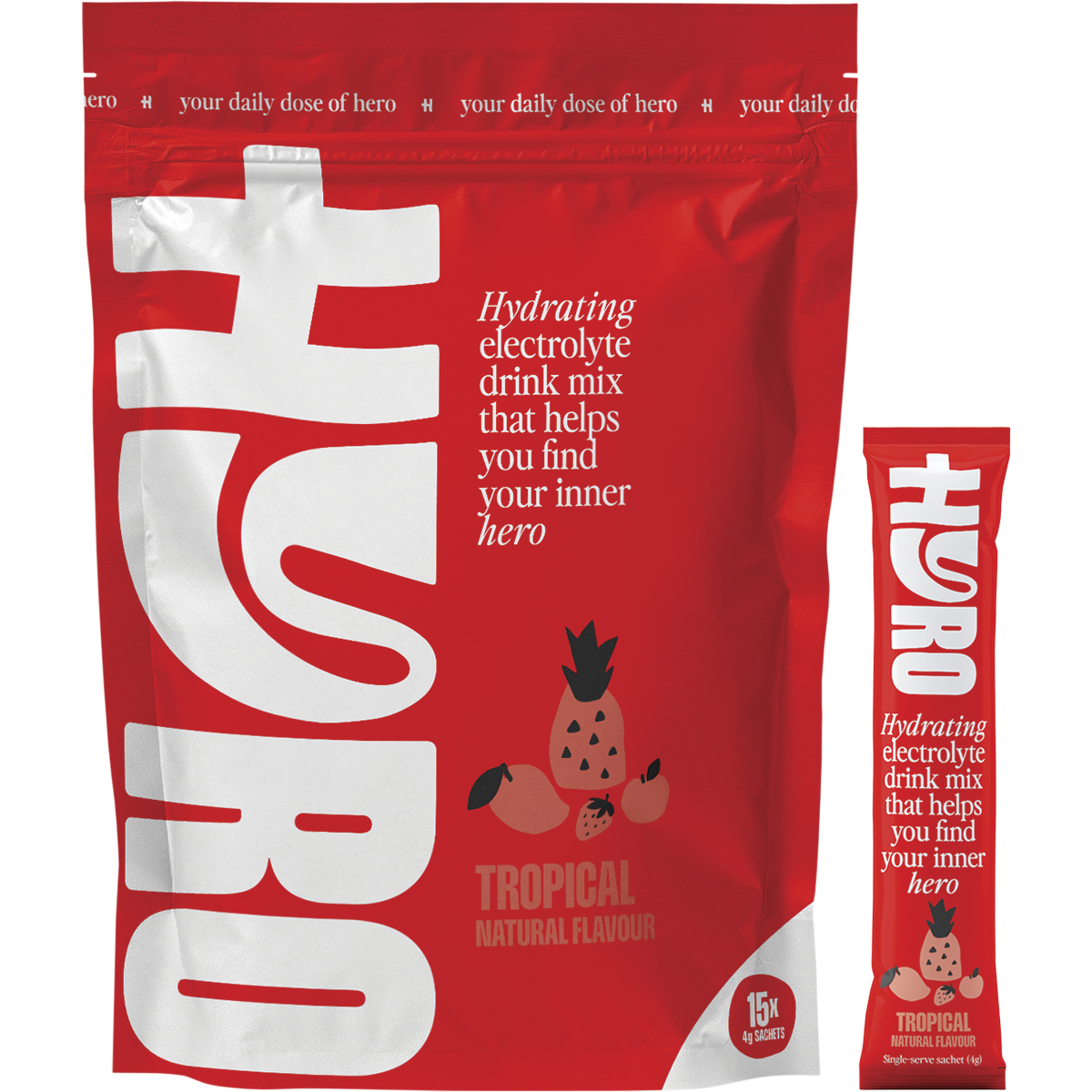 Box of Hyro Tropical Electrolyte Sachets with one individual sachet leaning against it on a white background.