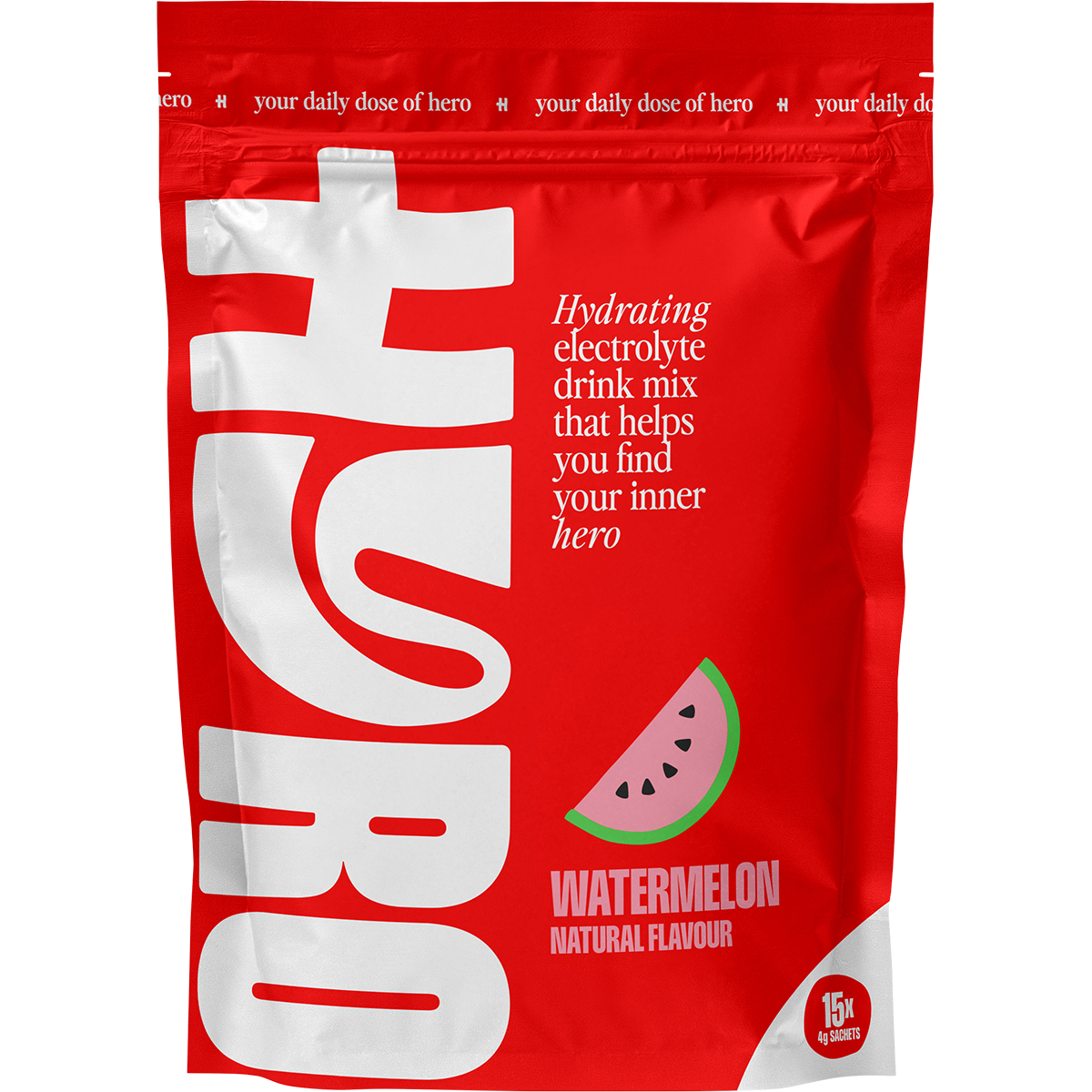 Watermelon flavored Hyro electrolyte sachets in a white and pink box, featuring HASTA certification and 15 servings.