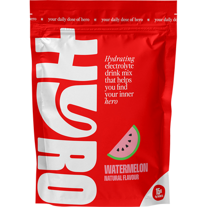 Watermelon flavored Hyro electrolyte sachets in a white and pink box, featuring HASTA certification and 15 servings.