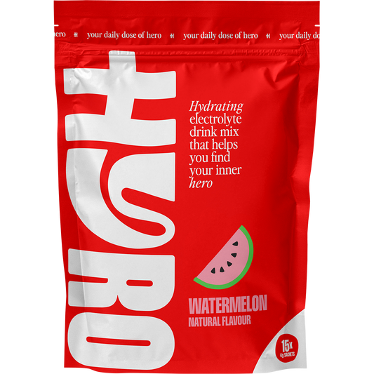 Watermelon flavored Hyro electrolyte sachets in a white and pink box, featuring HASTA certification and 15 servings.