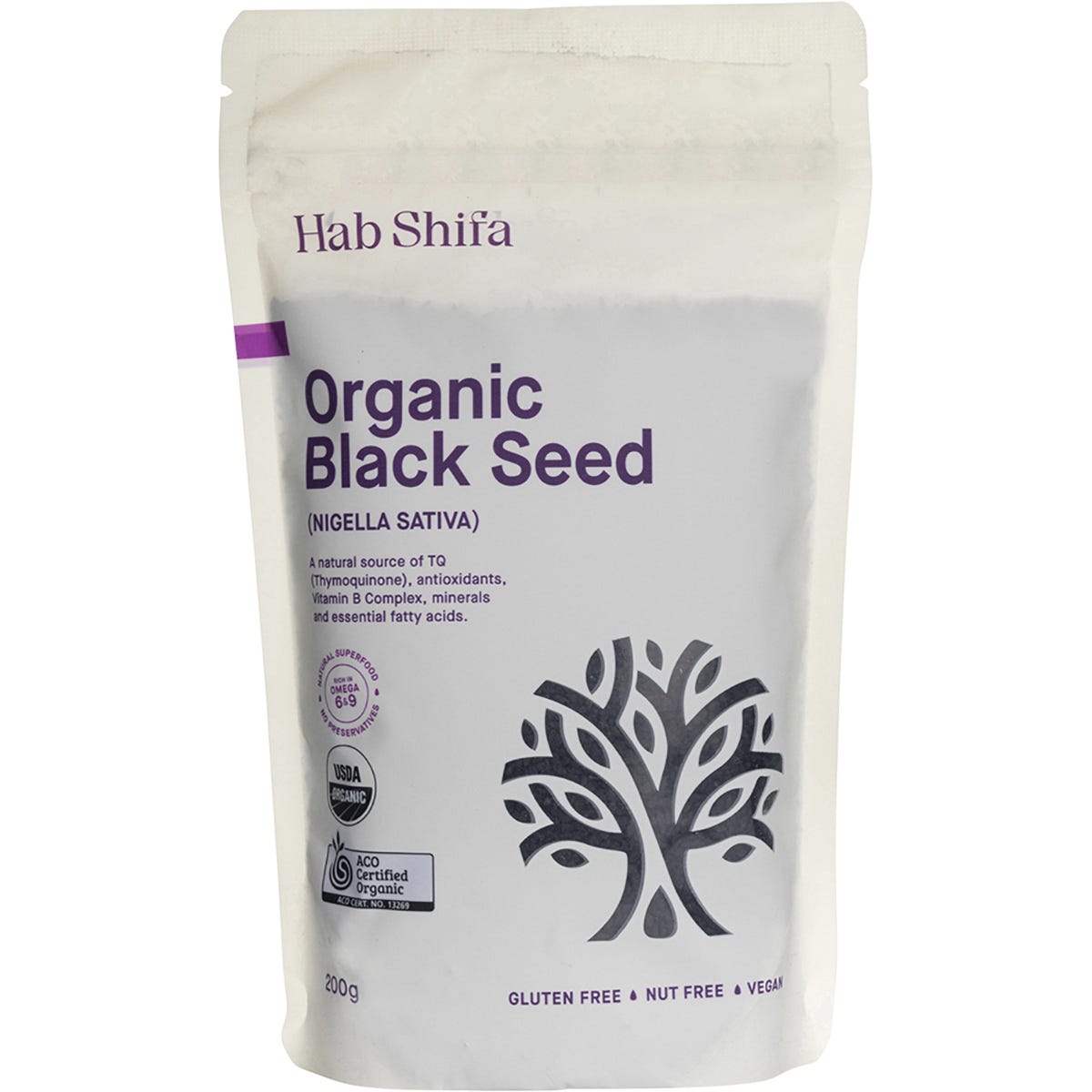 200g bag of Hab Shifa Organic Black Seed, a nutrient-rich superfood for supplements, cereals, and salads.