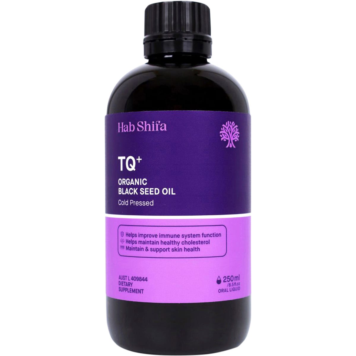 Hab Shifa TQ+ Organic Black Seed Oil 250ml amber glass bottle with a gold and white label on a white background.