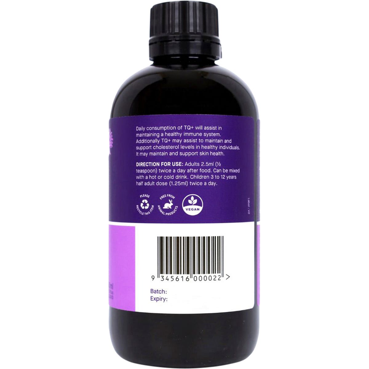 Side view of Hab Shifa 250ml Black Seed Oil bottle showing dosage directions and nutritional information.