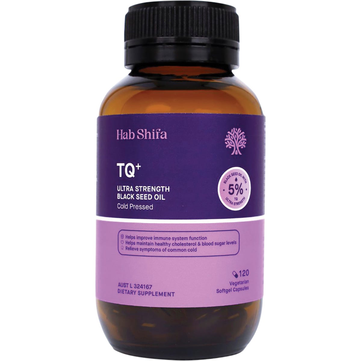 120 capsules of Hab Shifa TQ+ Ultra Strength Black Seed Oil in a amber glass bottle with a white and gold label.