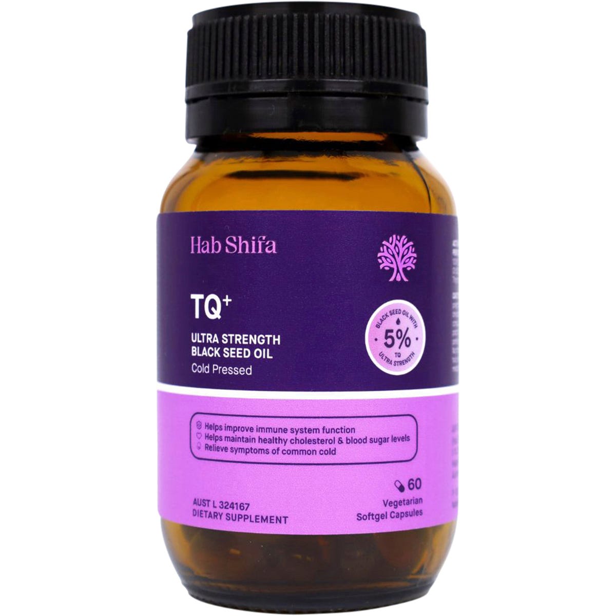 Hab Shifa TQ+ Ultra Strength Black Seed Oil 60 vegecapsules bottle with black and gold label on white background.