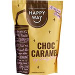 500g bag of Happy Way Ashy Bines Choc Caramel Vegan Protein Powder with an illustration of a woman on the label.