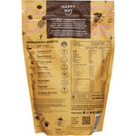 Back of Happy Way Ashy Bines Choc Caramel Vegan Protein 500g bag with nutrition facts and ingredients.