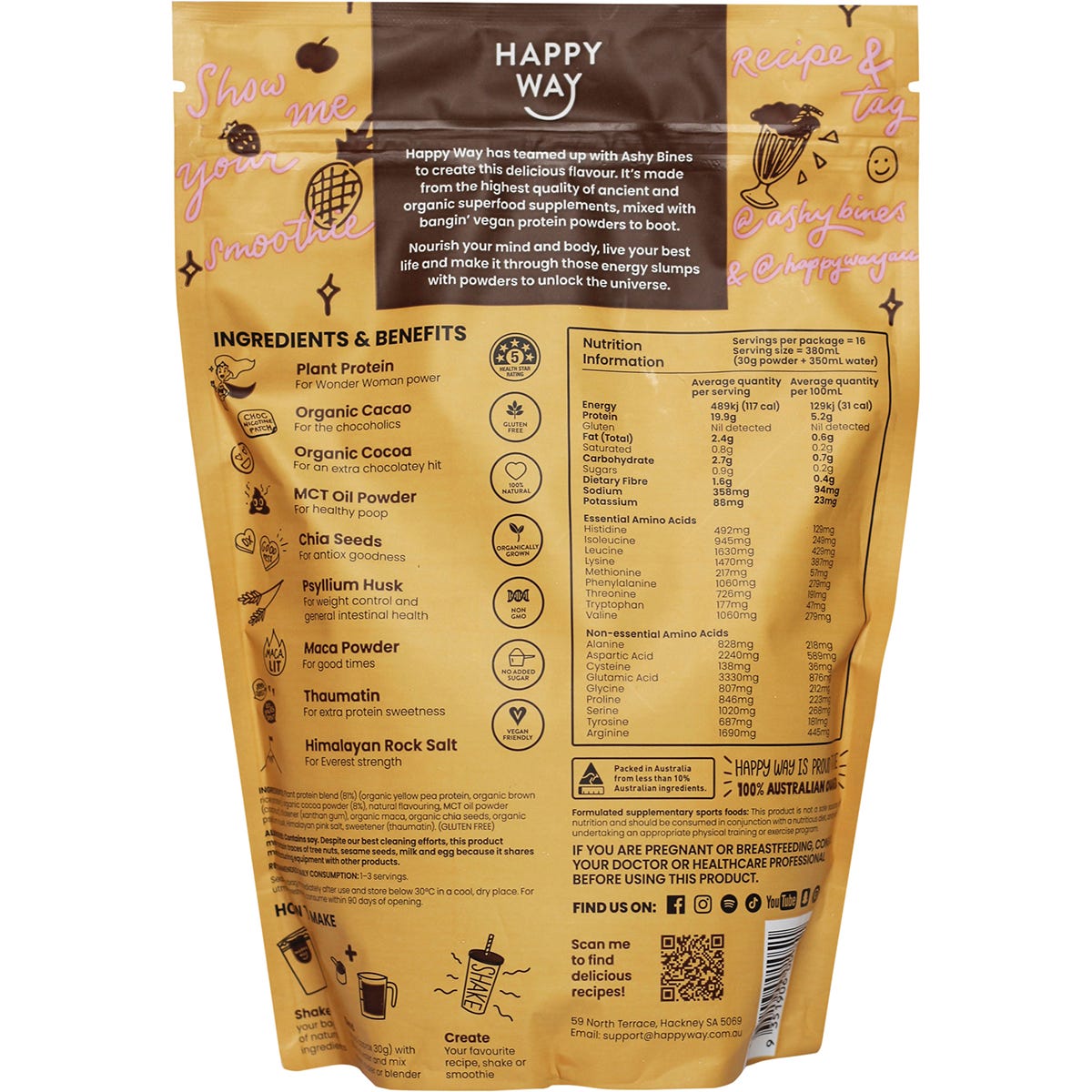 Back of Happy Way Ashy Bines Choc Caramel Vegan Protein 500g bag with nutrition facts and ingredients.