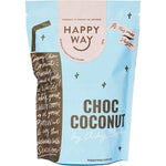 Happy Way Ashy Bines Choc Coconut Vegan Protein Powder 500g bag with chocolate and coconut illustrations.