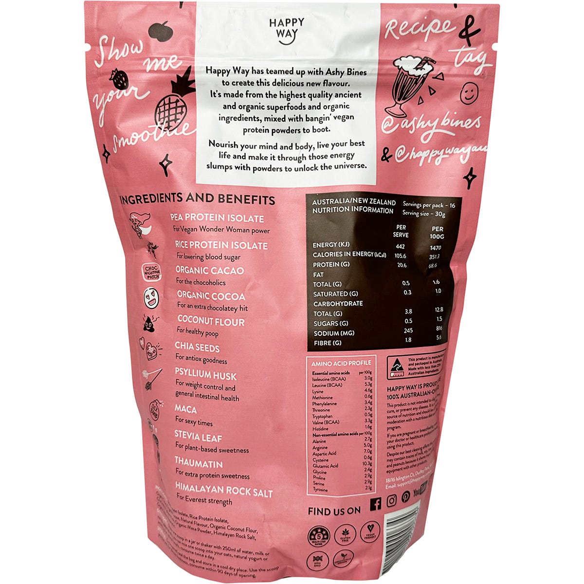 Happy Way Ashy Bines Vegan Protein Powder Triple Choc Fudge 500g Payless 4 Organics