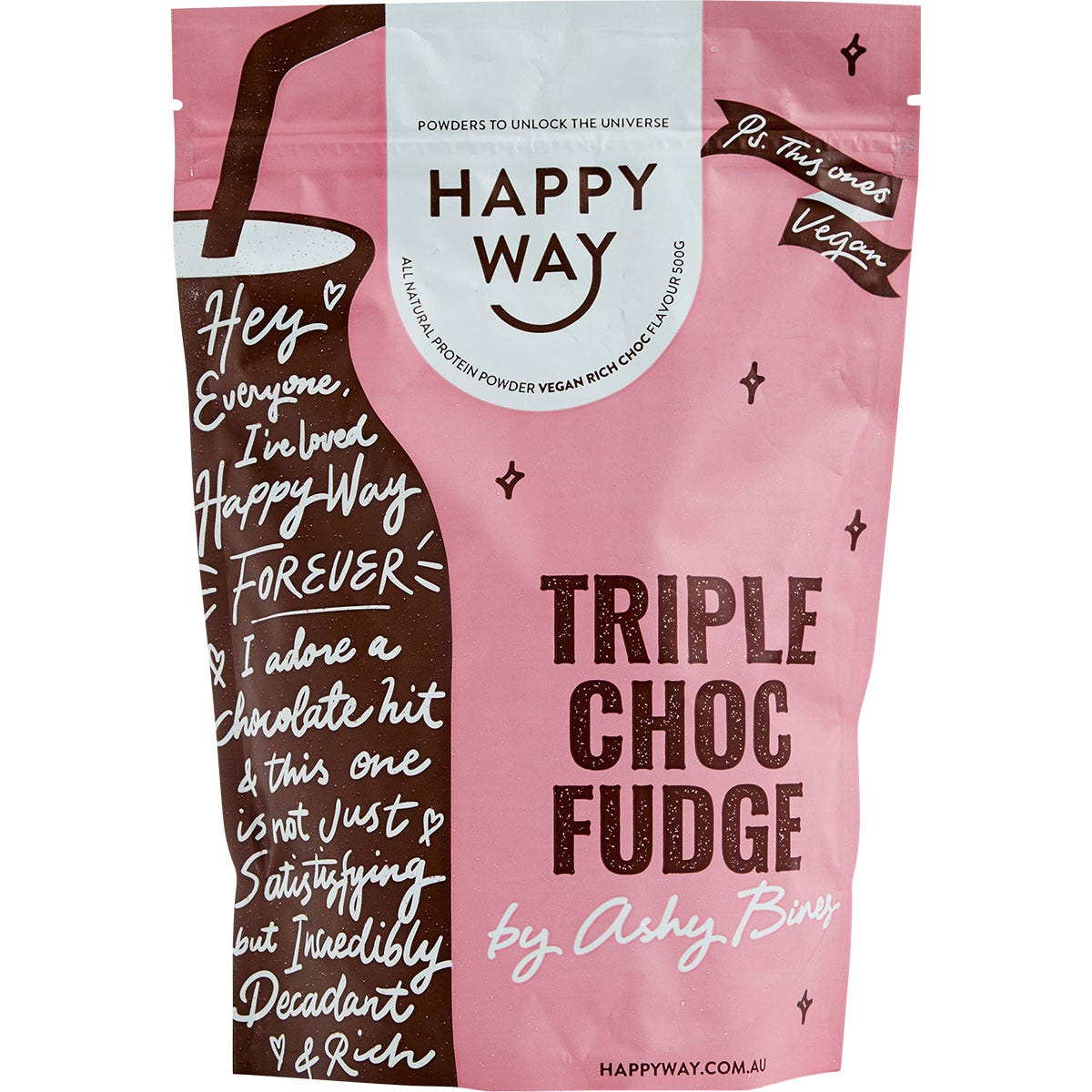 500g tub of Happy Way Ashy Bines Triple Choc Fudge Vegan Protein Powder with chocolate and floral illustrations.