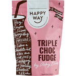 500g tub of Happy Way Ashy Bines Triple Choc Fudge Vegan Protein Powder with chocolate and floral illustrations.