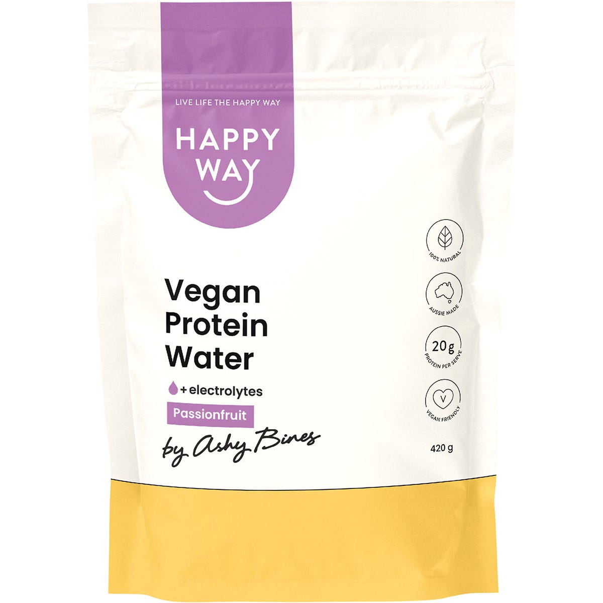 420g tub of Happy Way Ashy Bines Vegan Protein Water in passionfruit flavor with tropical label illustrations.