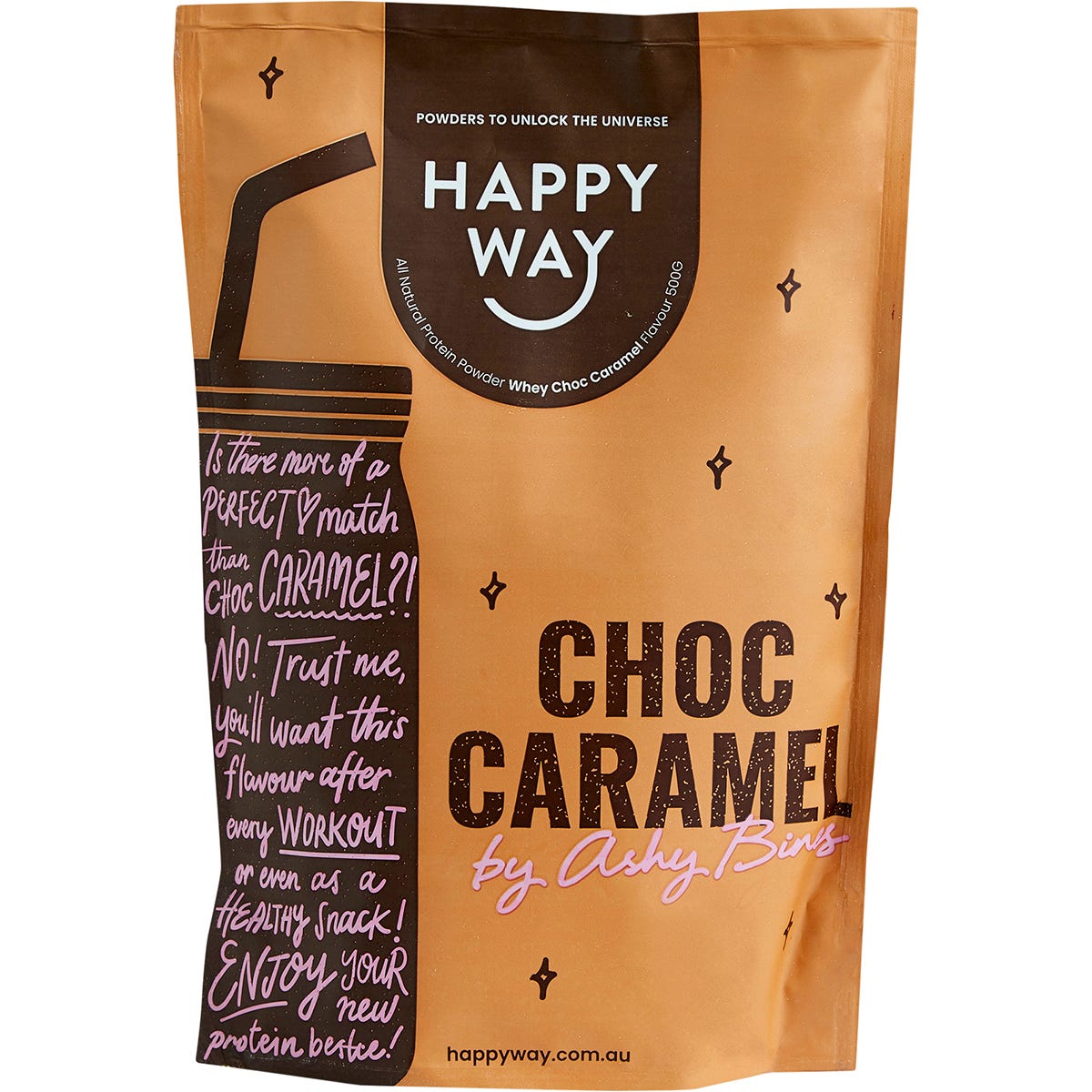 500g pouch of Happy Way Ashy Bines Choc Caramel Whey Protein Powder with a pink and chocolate-themed label.