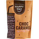 500g pouch of Happy Way Ashy Bines Choc Caramel Whey Protein Powder with a pink and chocolate-themed label.