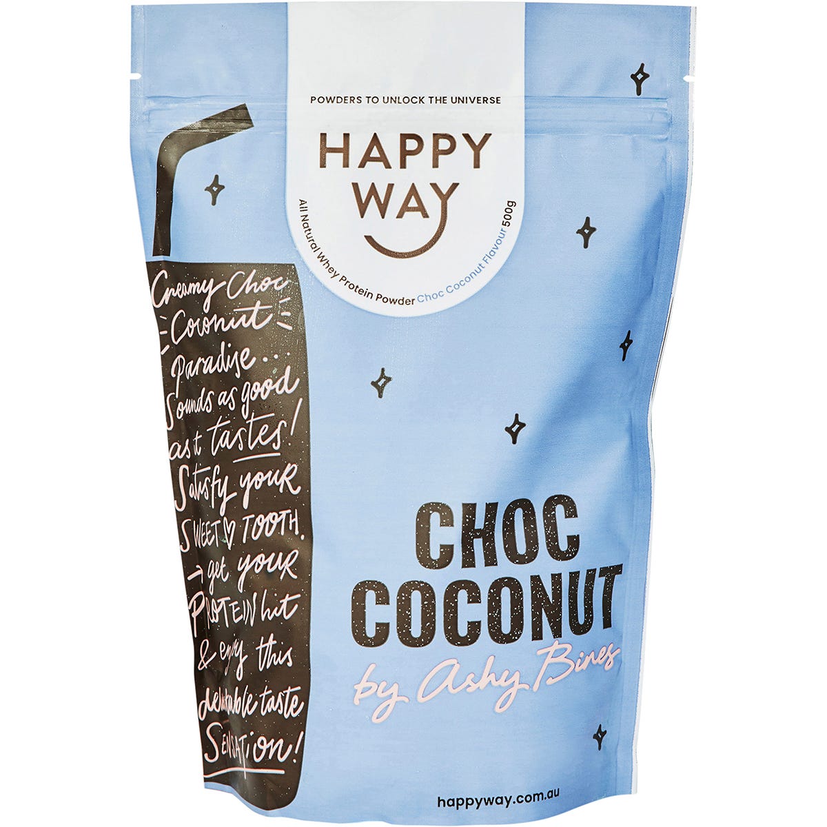 500g tub of Happy Way Ashy Bines Choc Coconut Whey Protein Powder with tropical illustrations on a white background.