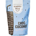 500g tub of Happy Way Ashy Bines Choc Coconut Whey Protein Powder with tropical illustrations on a white background.