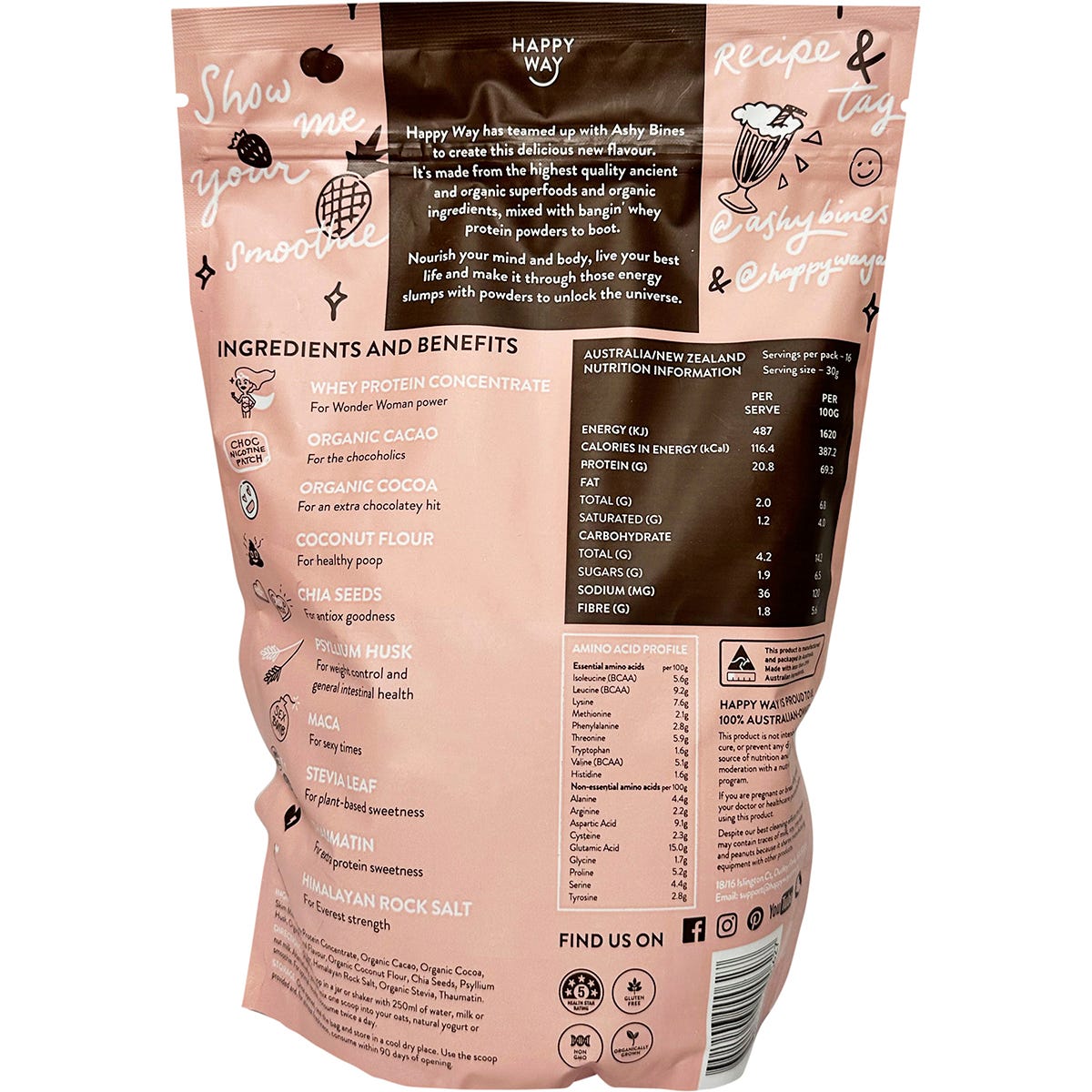 500g pouch of Happy Way Ashy Bines Triple Choc Fudge Whey Protein Powder on a white background.
