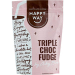 500g pouch of Happy Way Ashy Bines Triple Choc Fudge Whey Protein Powder with a brown chocolate splash design.