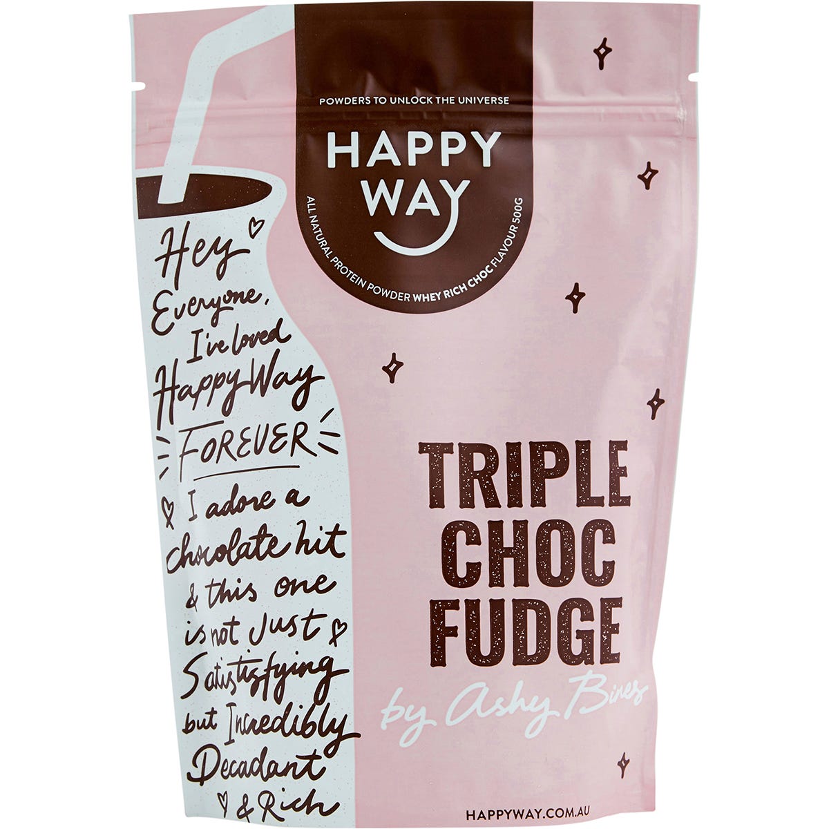 500g pouch of Happy Way Ashy Bines Triple Choc Fudge Whey Protein Powder with a brown chocolate splash design.