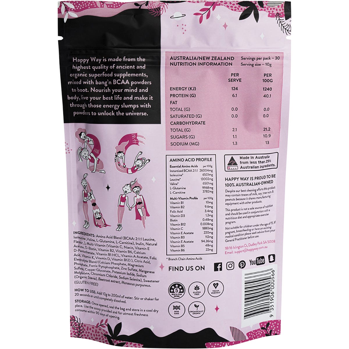 Happy Way BCAA Powder Raspberry 300g Payless 4 Organics